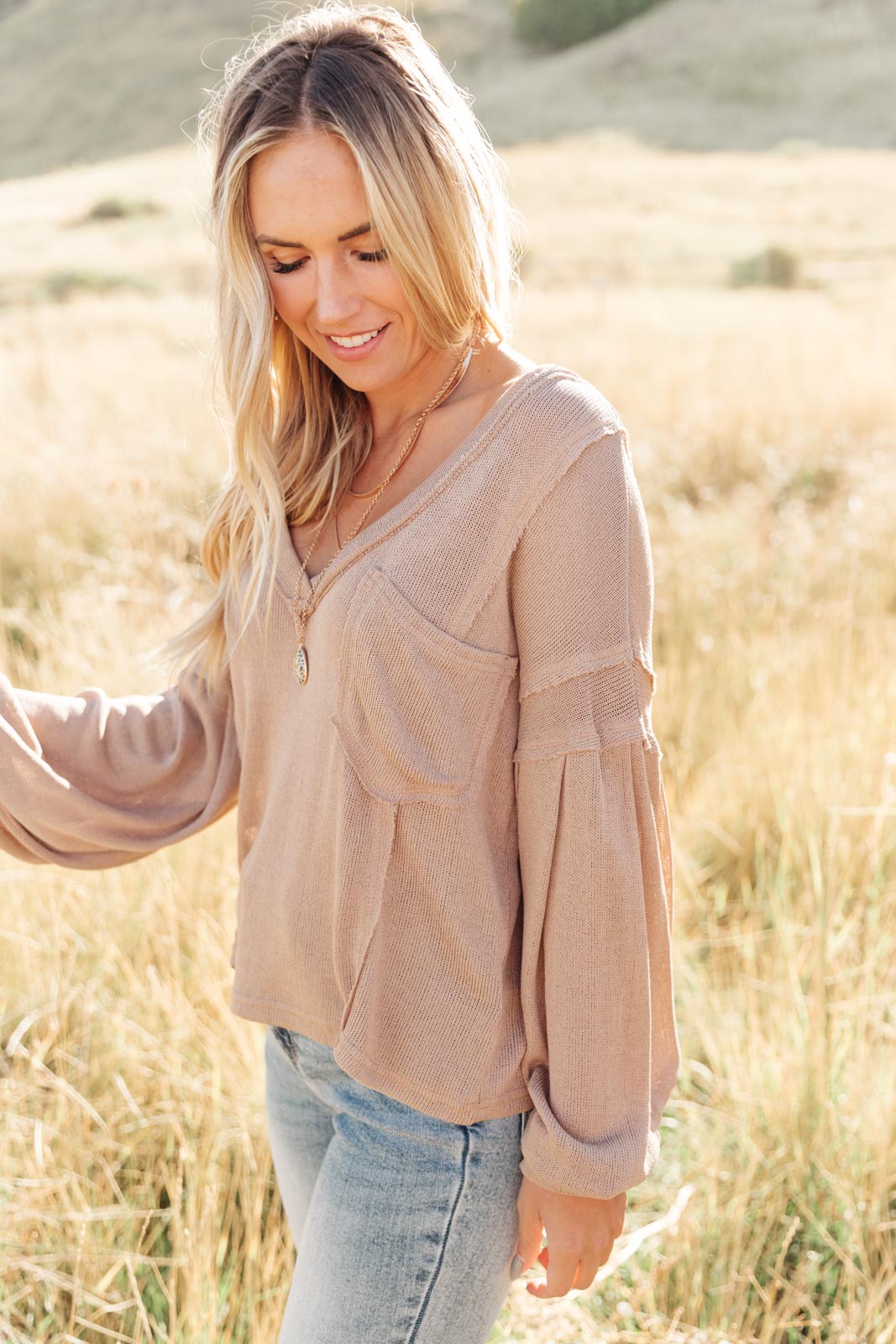 Bellissimo Draped V-Neck Sweater in Mocha