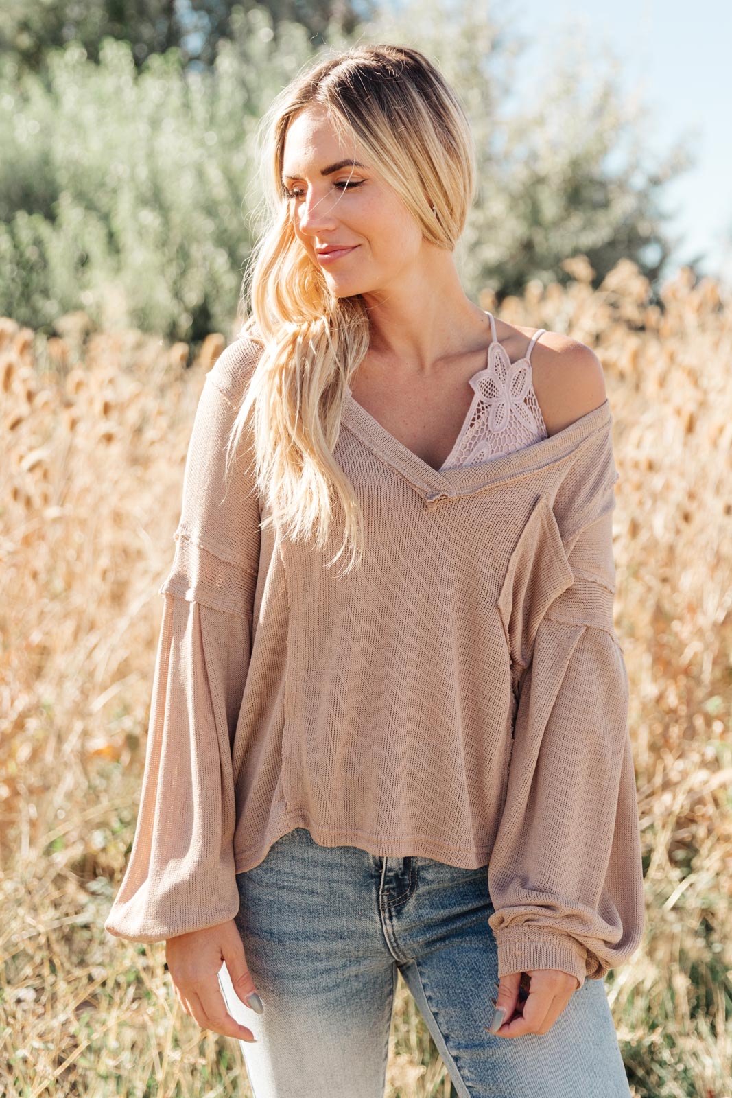 Bellissimo Draped V-Neck Sweater in Mocha