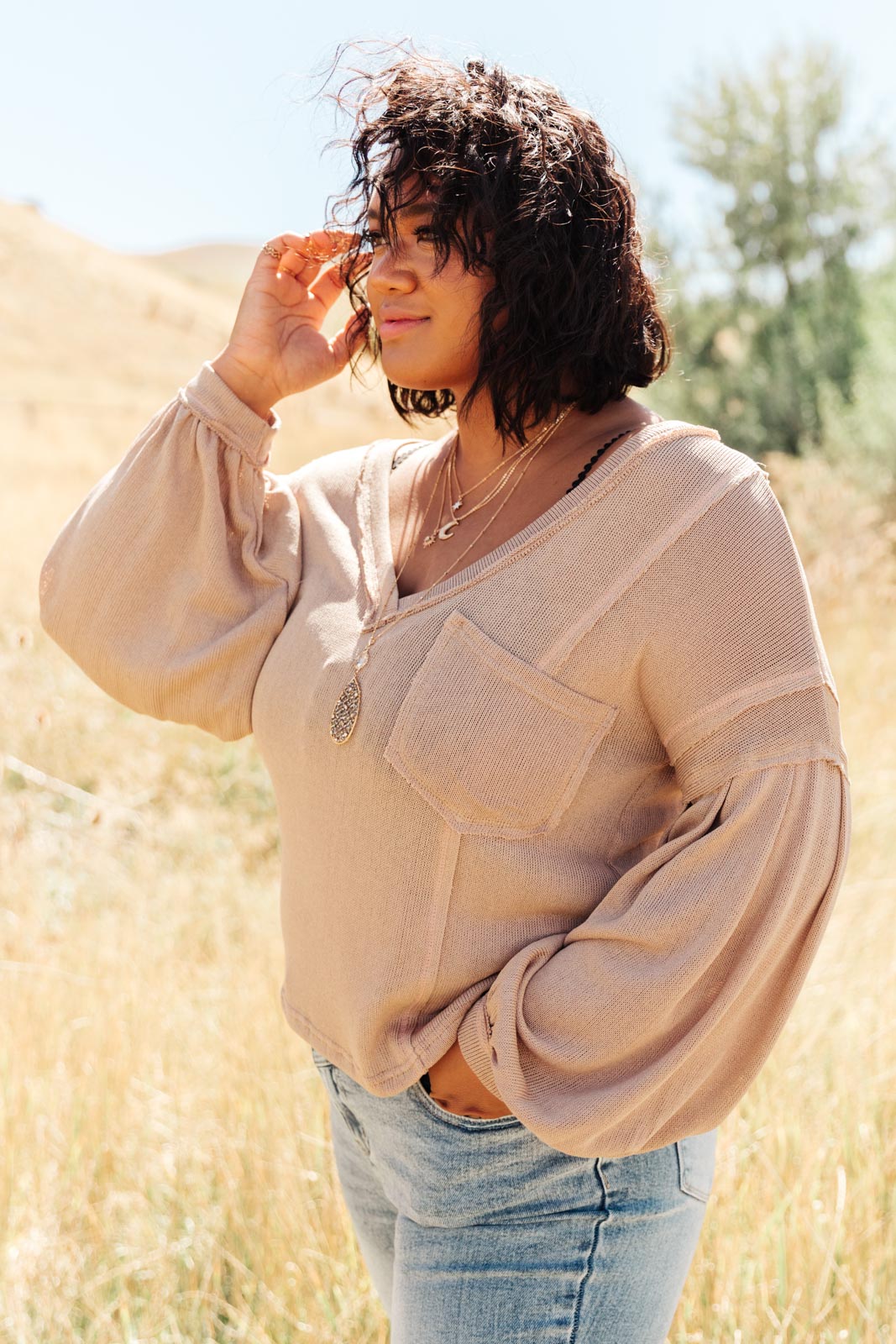 Bellissimo Draped V-Neck Sweater in Mocha