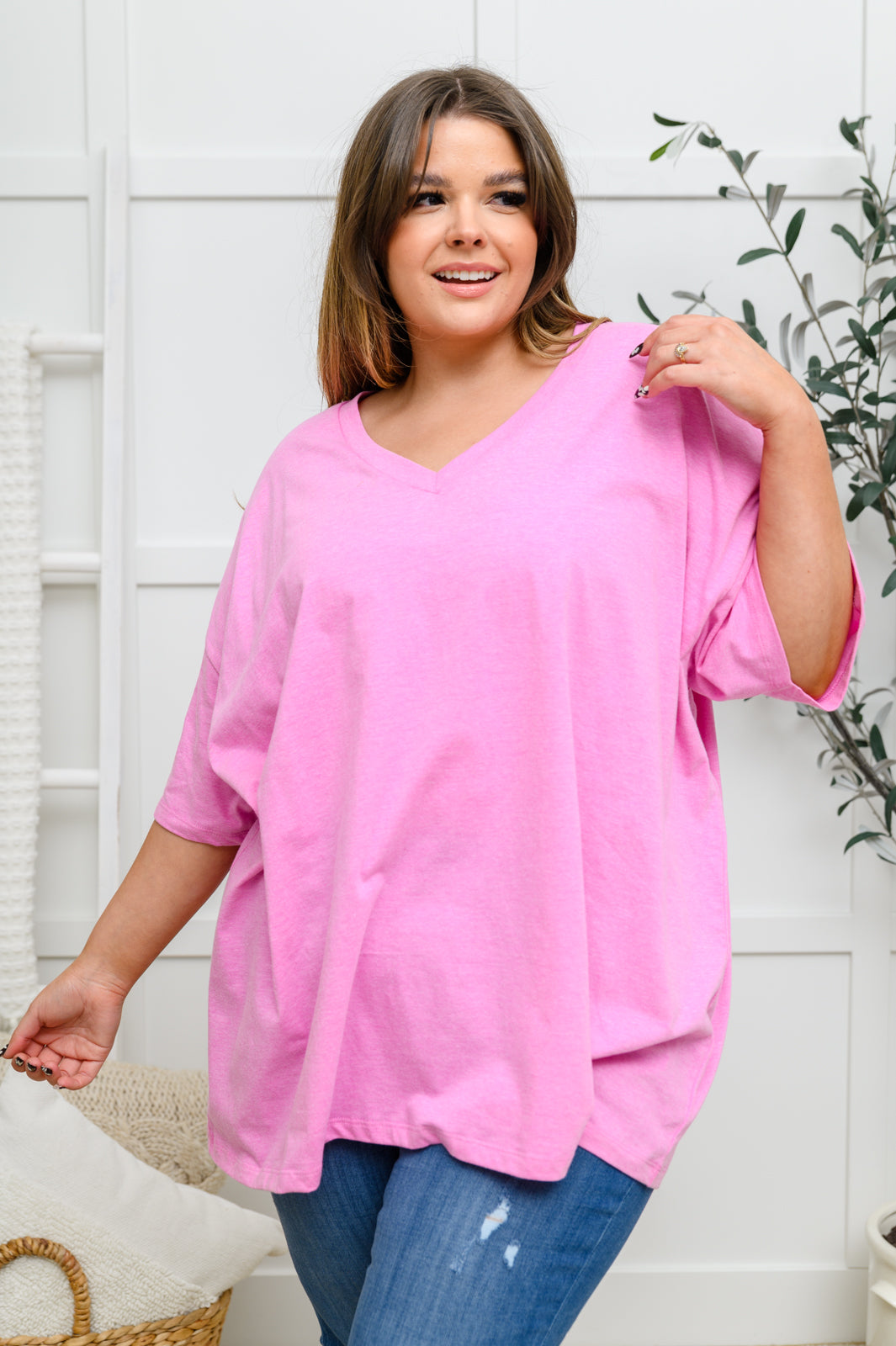 Boxy V Neck Boyfriend Tee In Pink