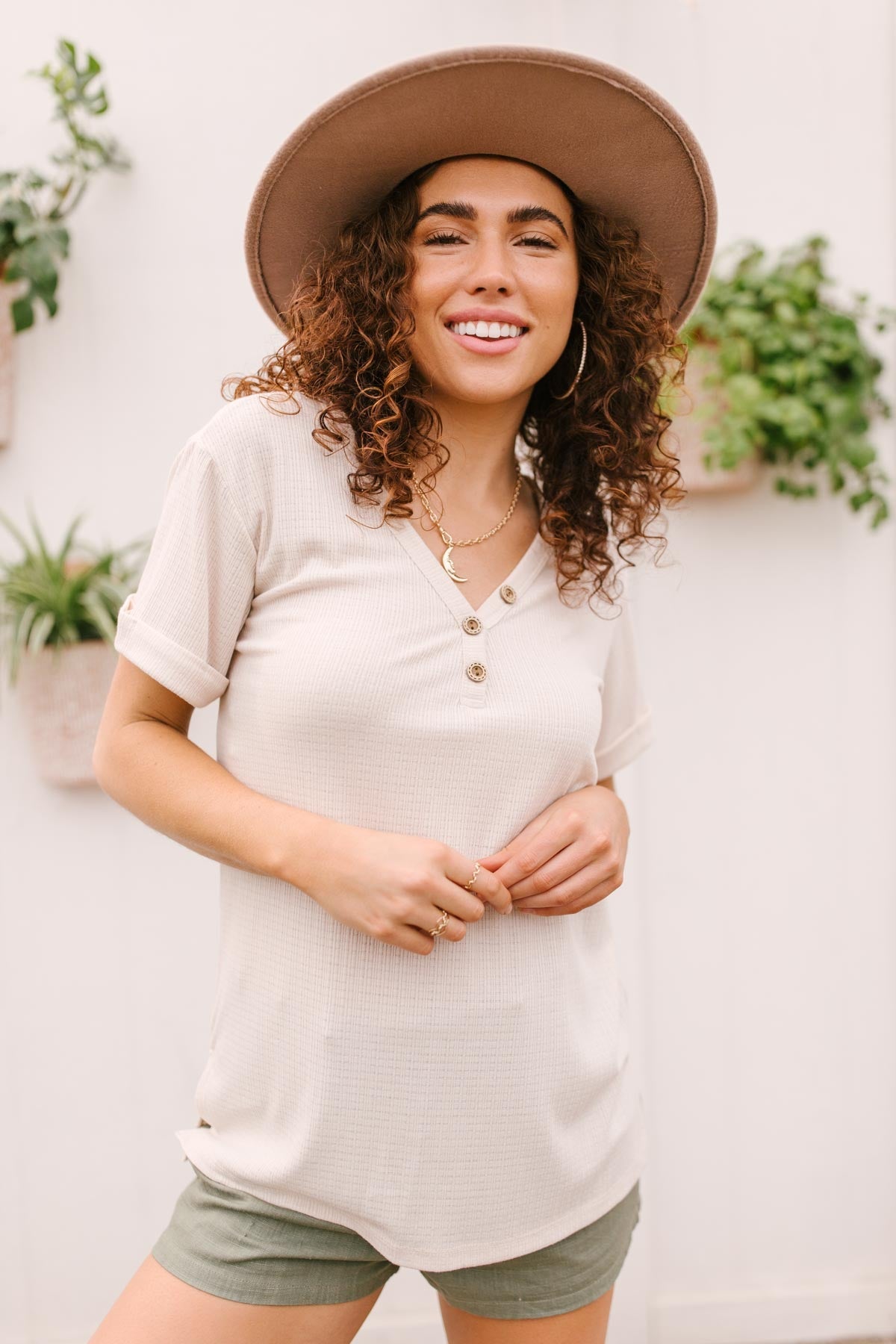 Buttons and Henley Top in Seashell