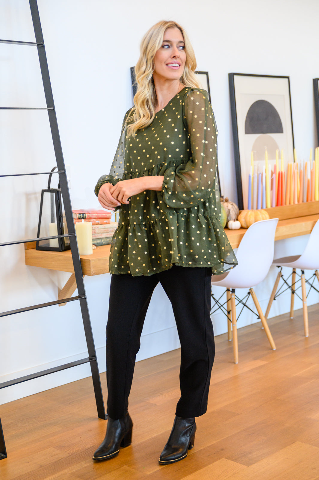 Coya Metallic Dot Tiered Blouse in Olive