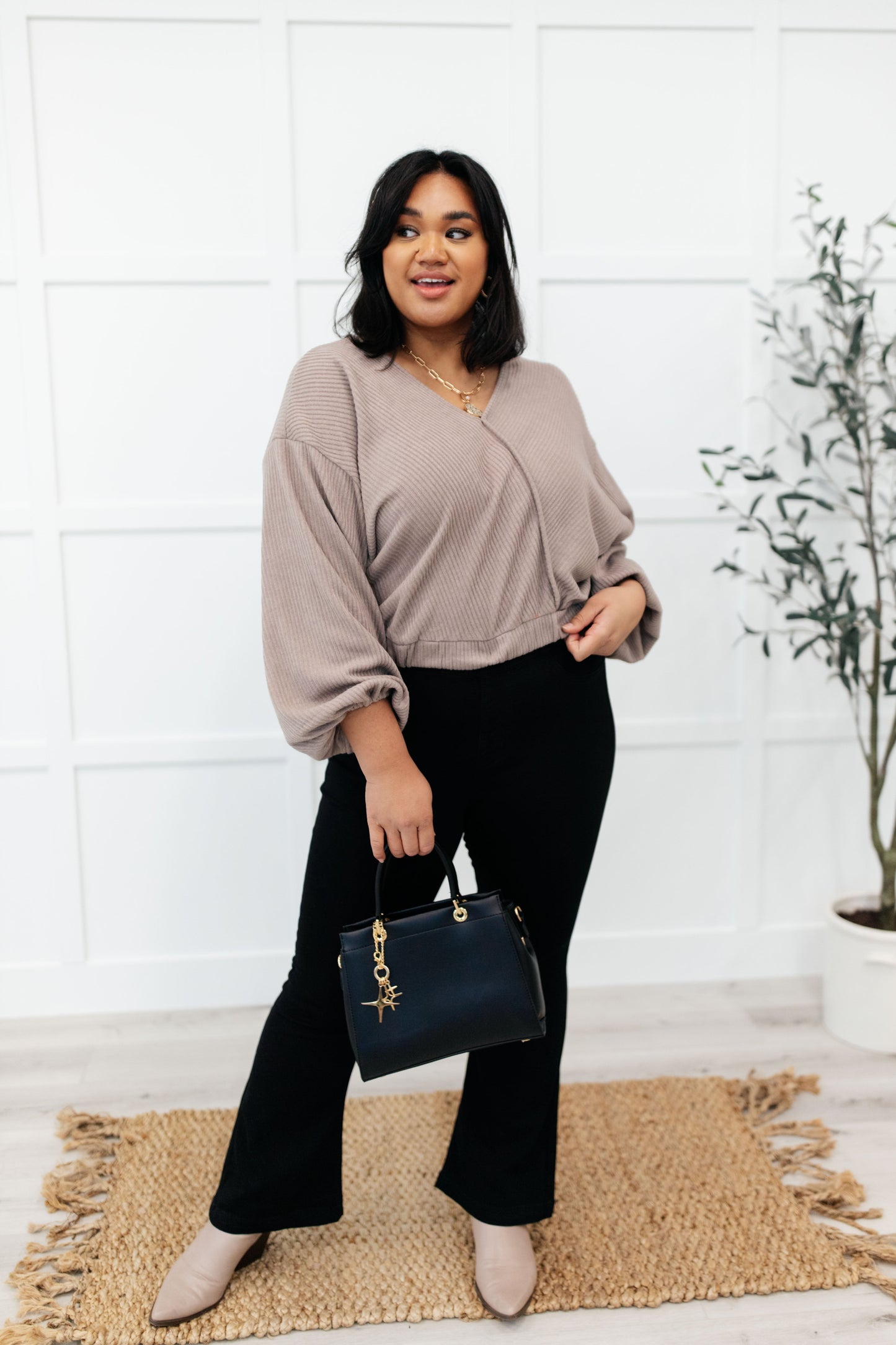 Flirty Feels Ribbed Top in Taupe