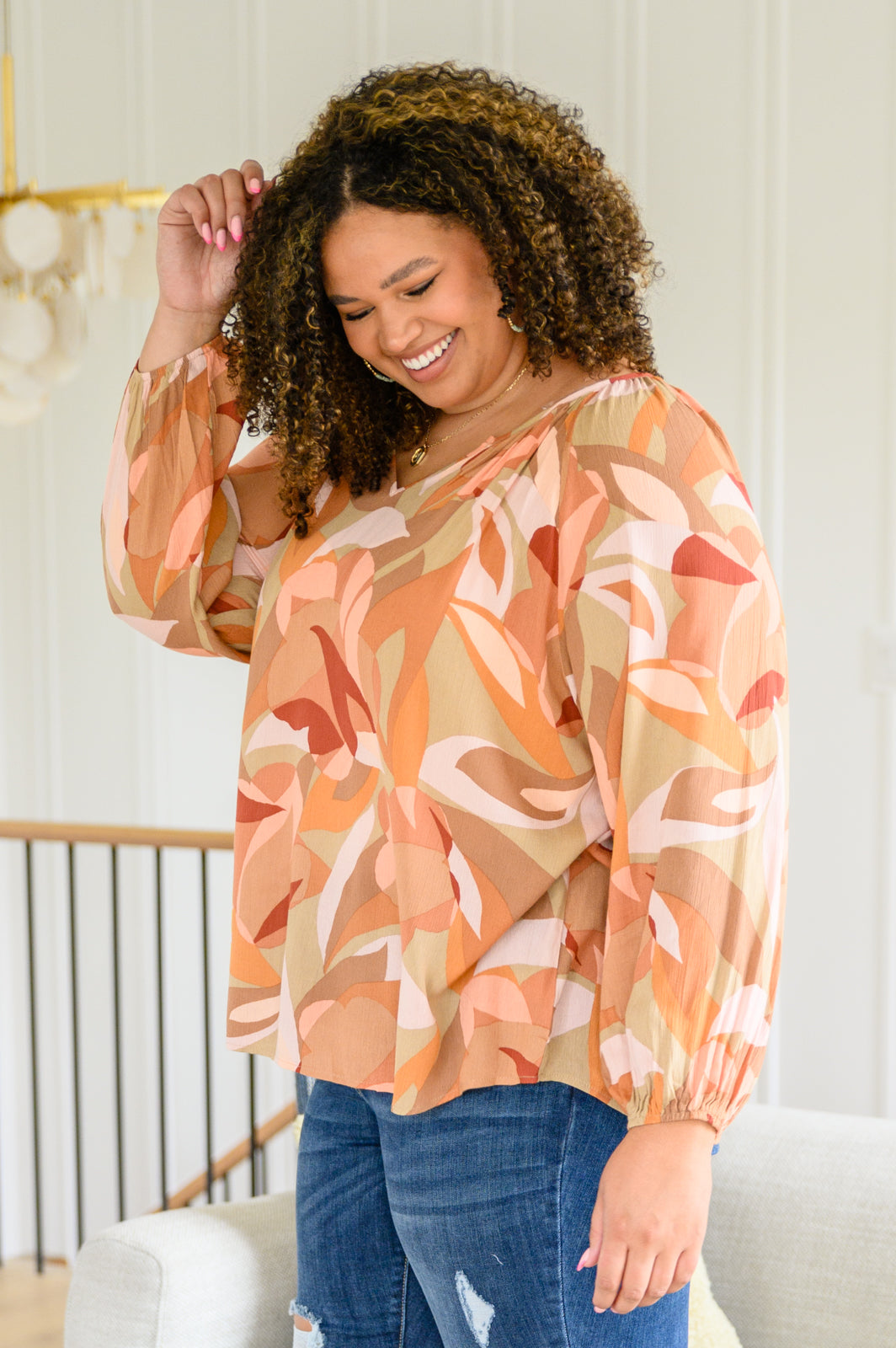 Freddie Split Neckline Long Sleeve Blouse In Clay