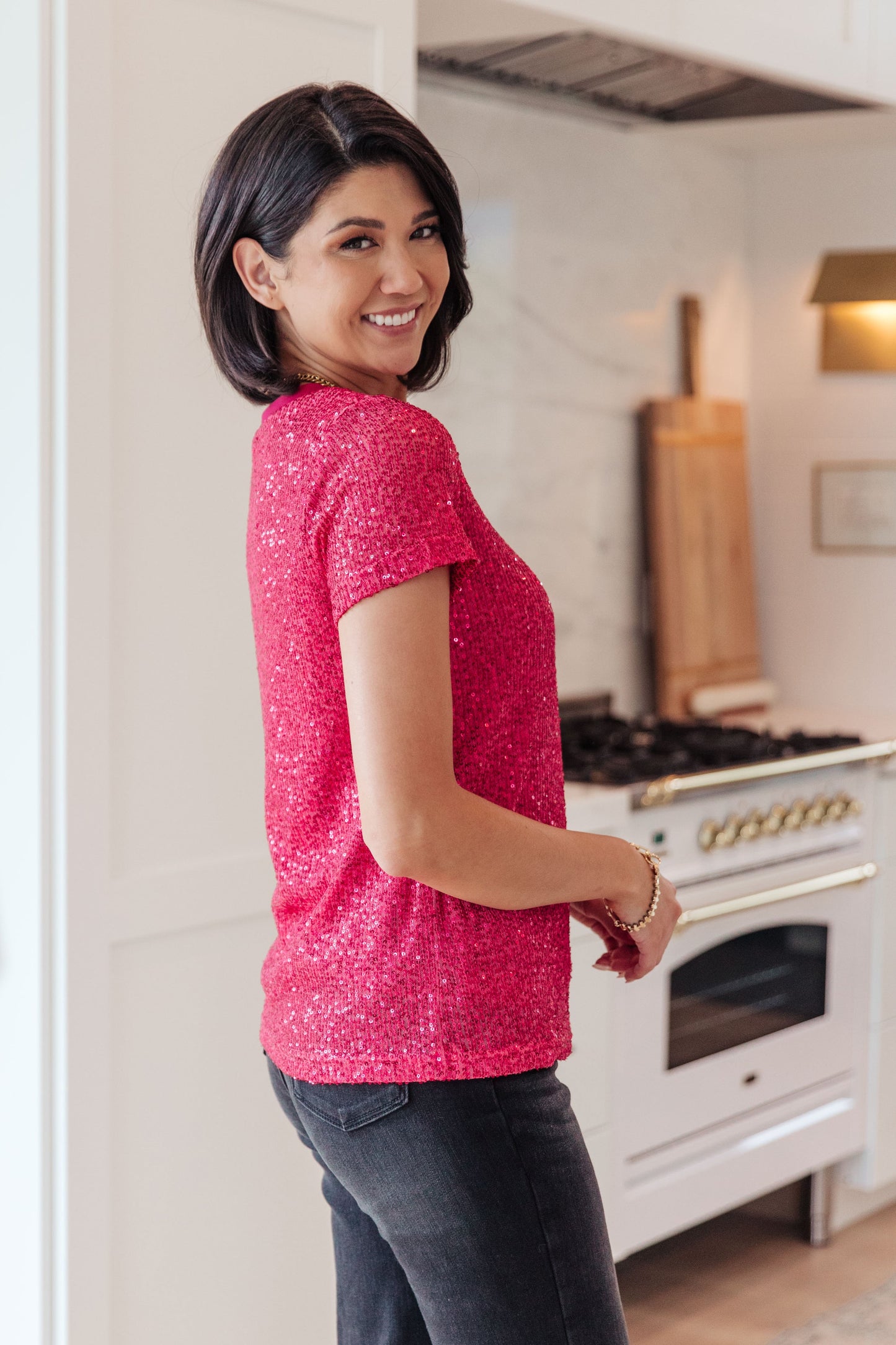 Glimmering Night Sequin Top in Hot Pink