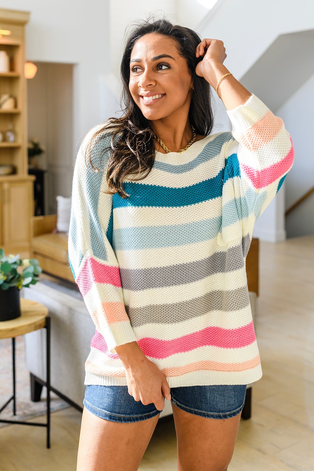 Happy Vibes Striped Quarter Sleeve Top