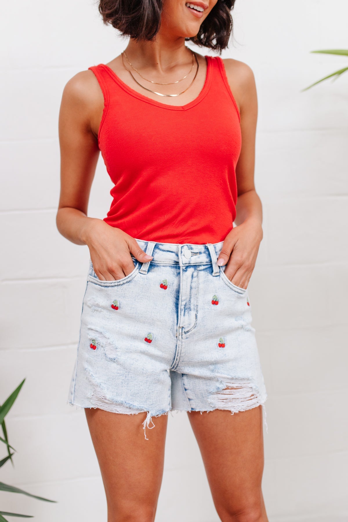 Hi-Waisted Cherry Acid Wash Cutoffs