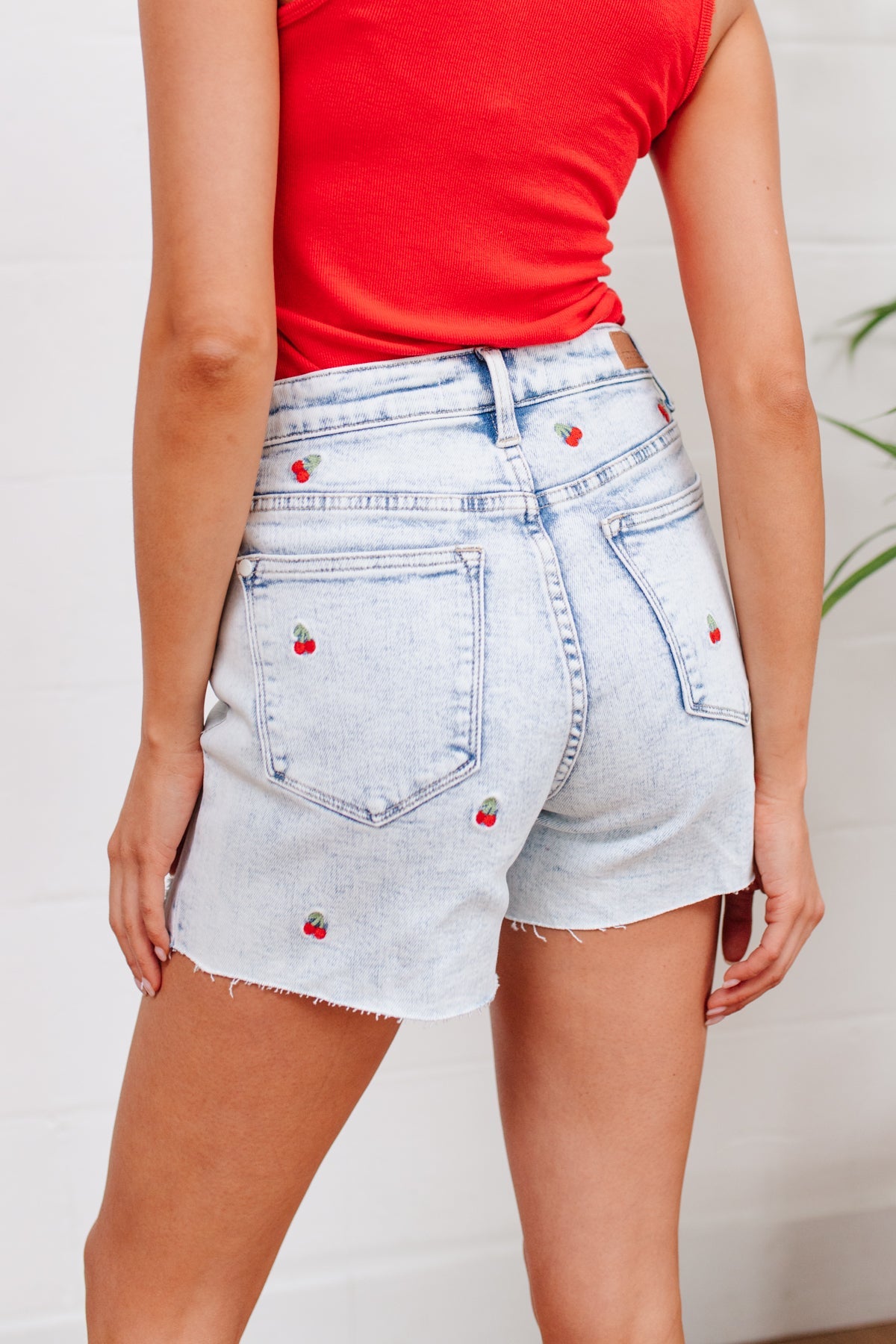 Hi-Waisted Cherry Acid Wash Cutoffs