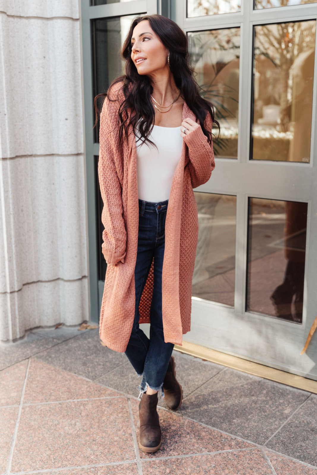 Hooded Cardigan In Red Sand