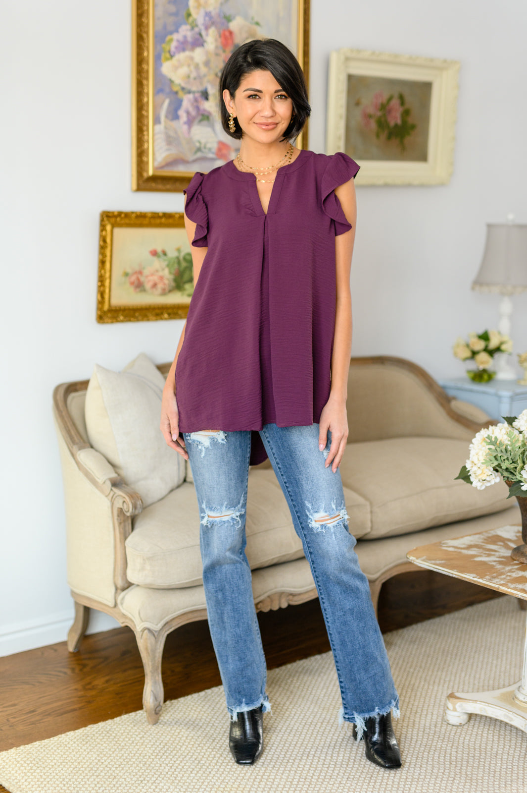 Hopelessly Hopeful Ruffled Sleeve High-Low Blouse