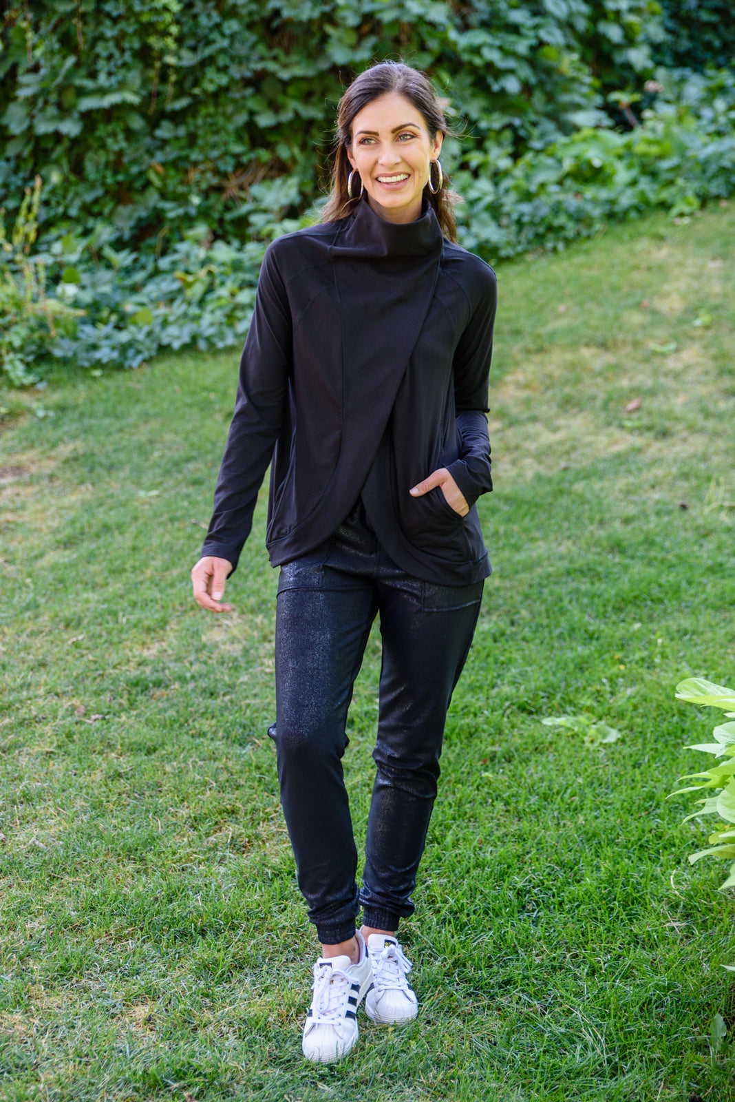 Janie Asymmetric Cowl Neck Jacket In Black