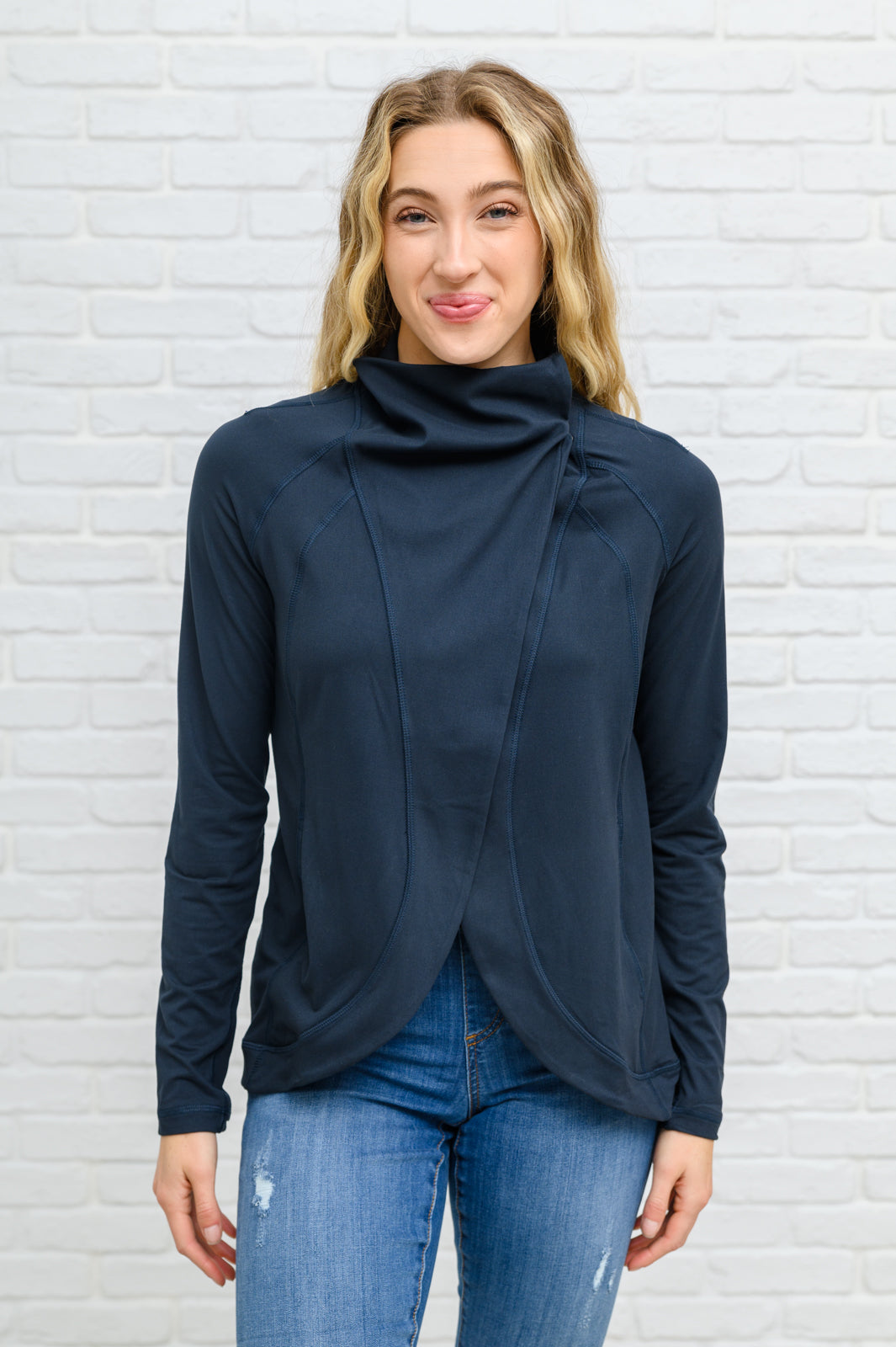 Janie Asymmetric Cowl Neck Jacket In Navy