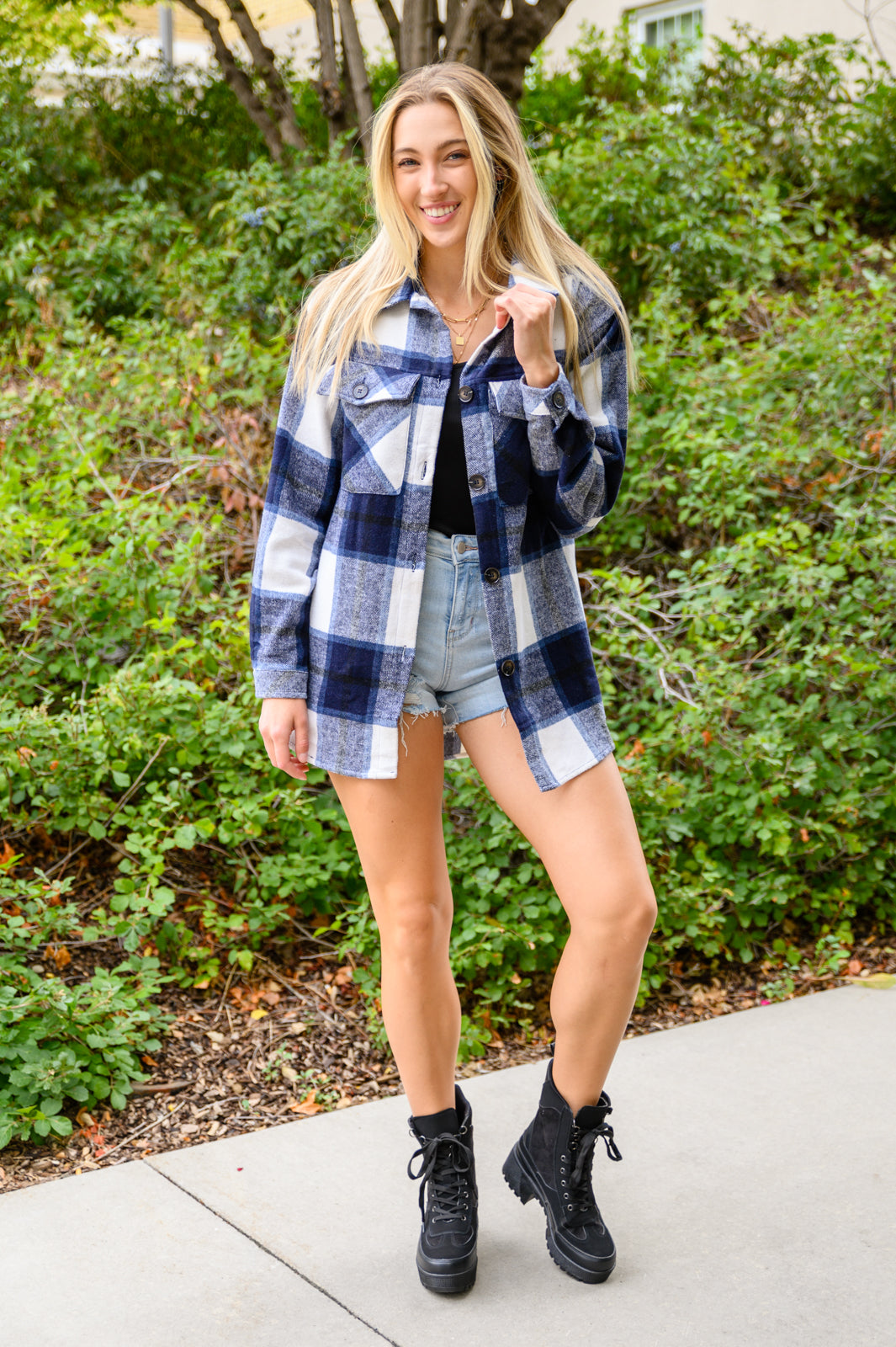 Jayne Brushed Plaid Button Down Shacket In Navy