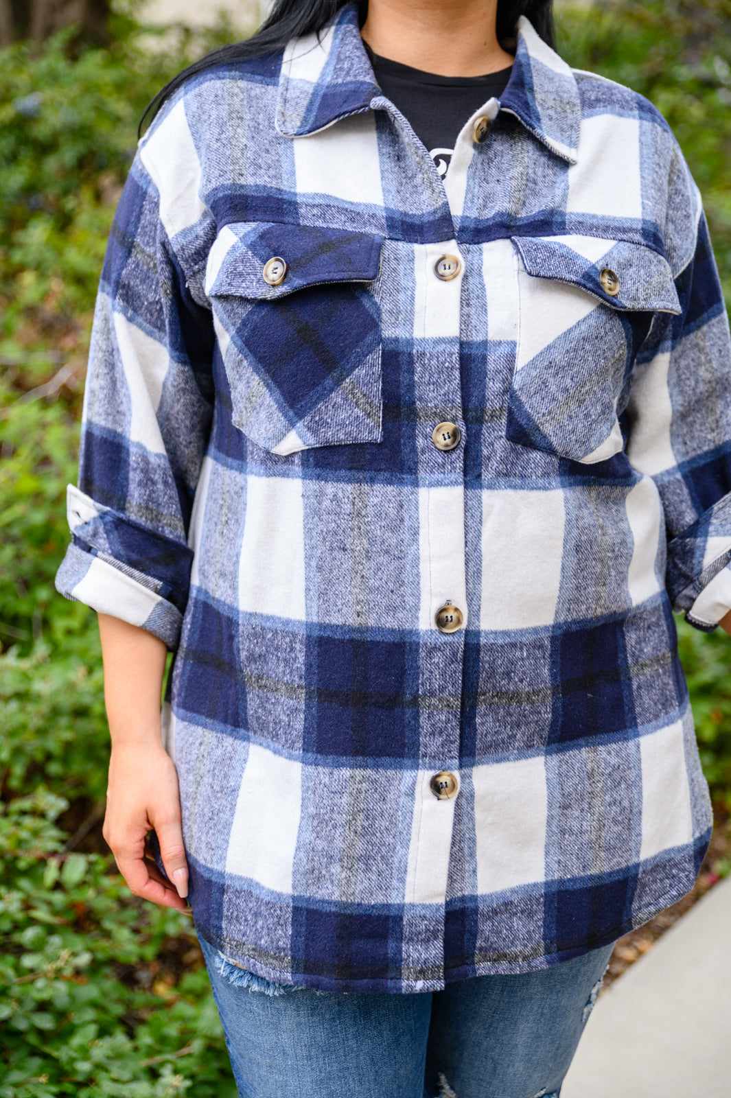 Jayne Brushed Plaid Button Down Shacket In Navy