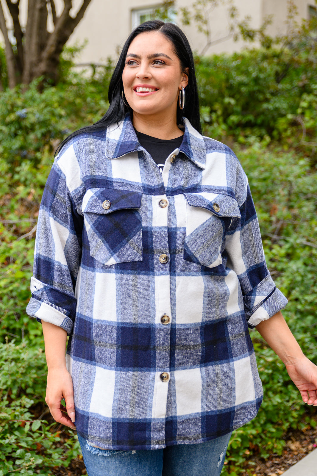 Jayne Brushed Plaid Button Down Shacket In Navy