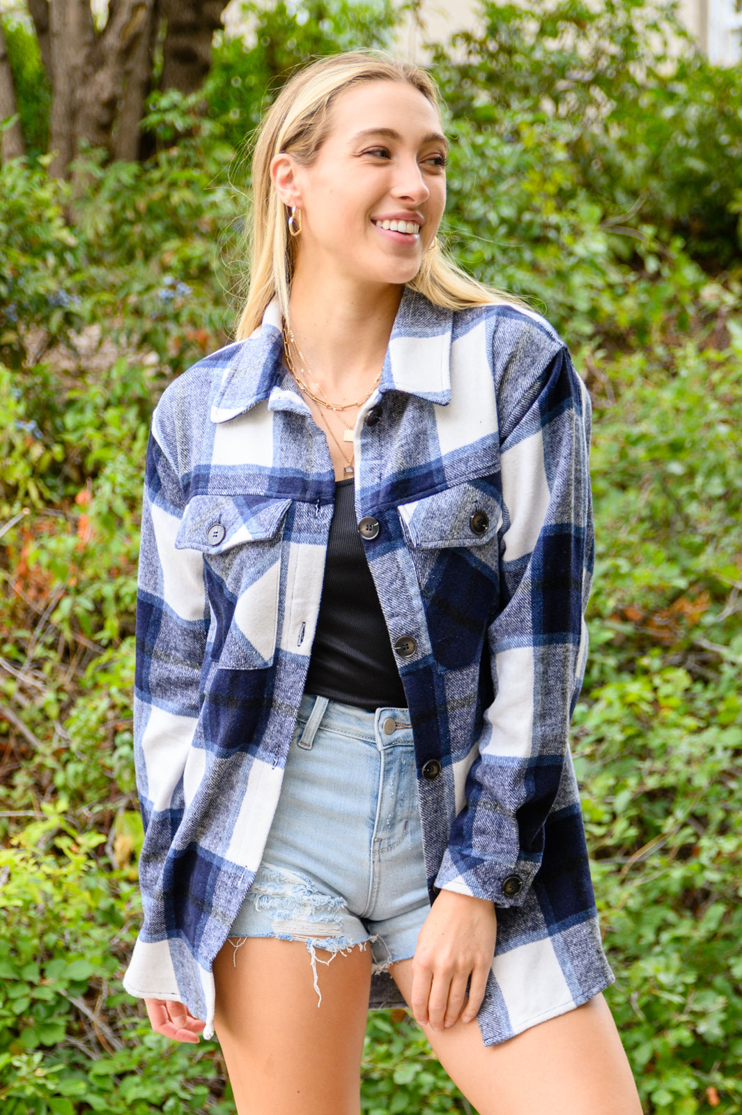 Jayne Brushed Plaid Button Down Shacket In Navy