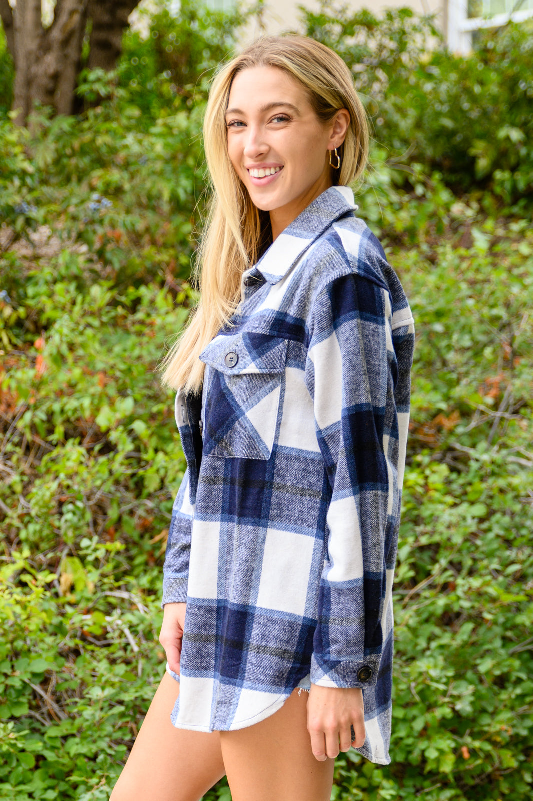 Jayne Brushed Plaid Button Down Shacket In Navy