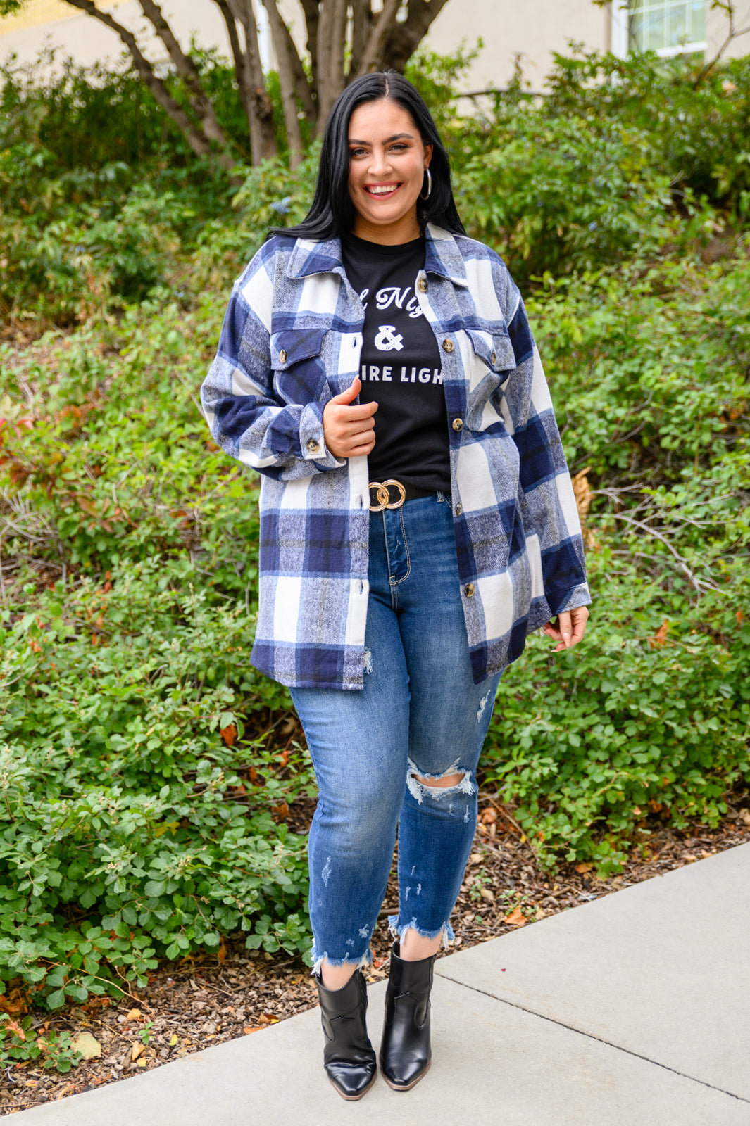 Jayne Brushed Plaid Button Down Shacket In Navy