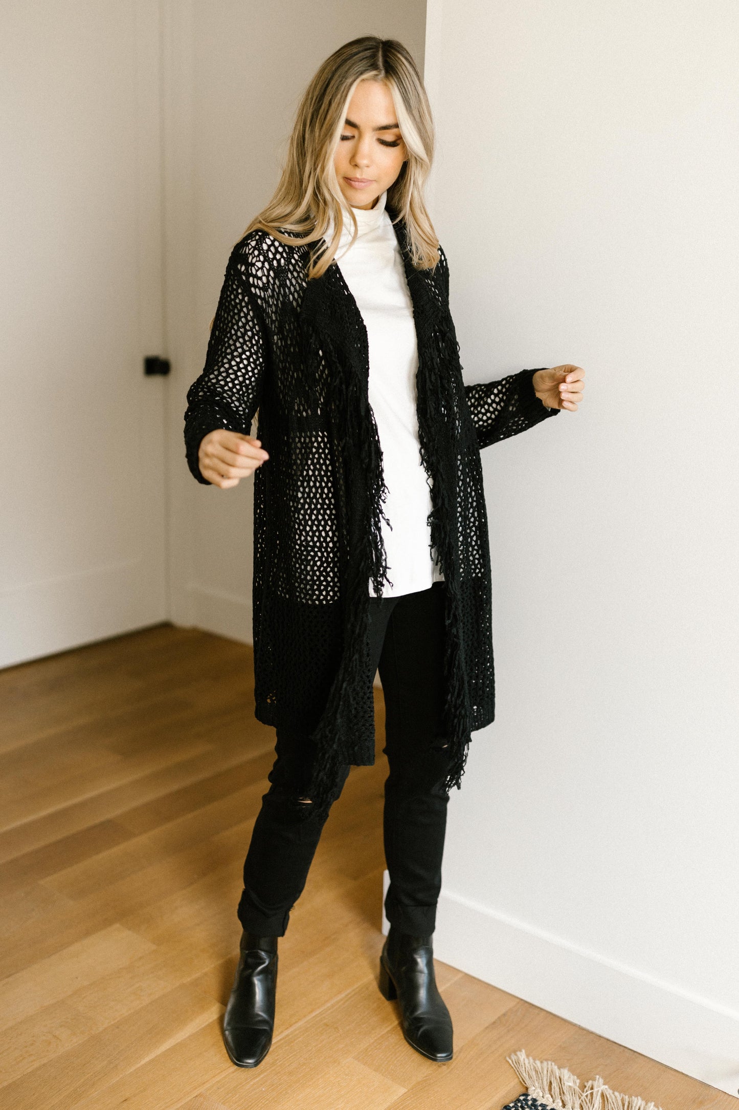 Knit And Fringe Cardigan in Black