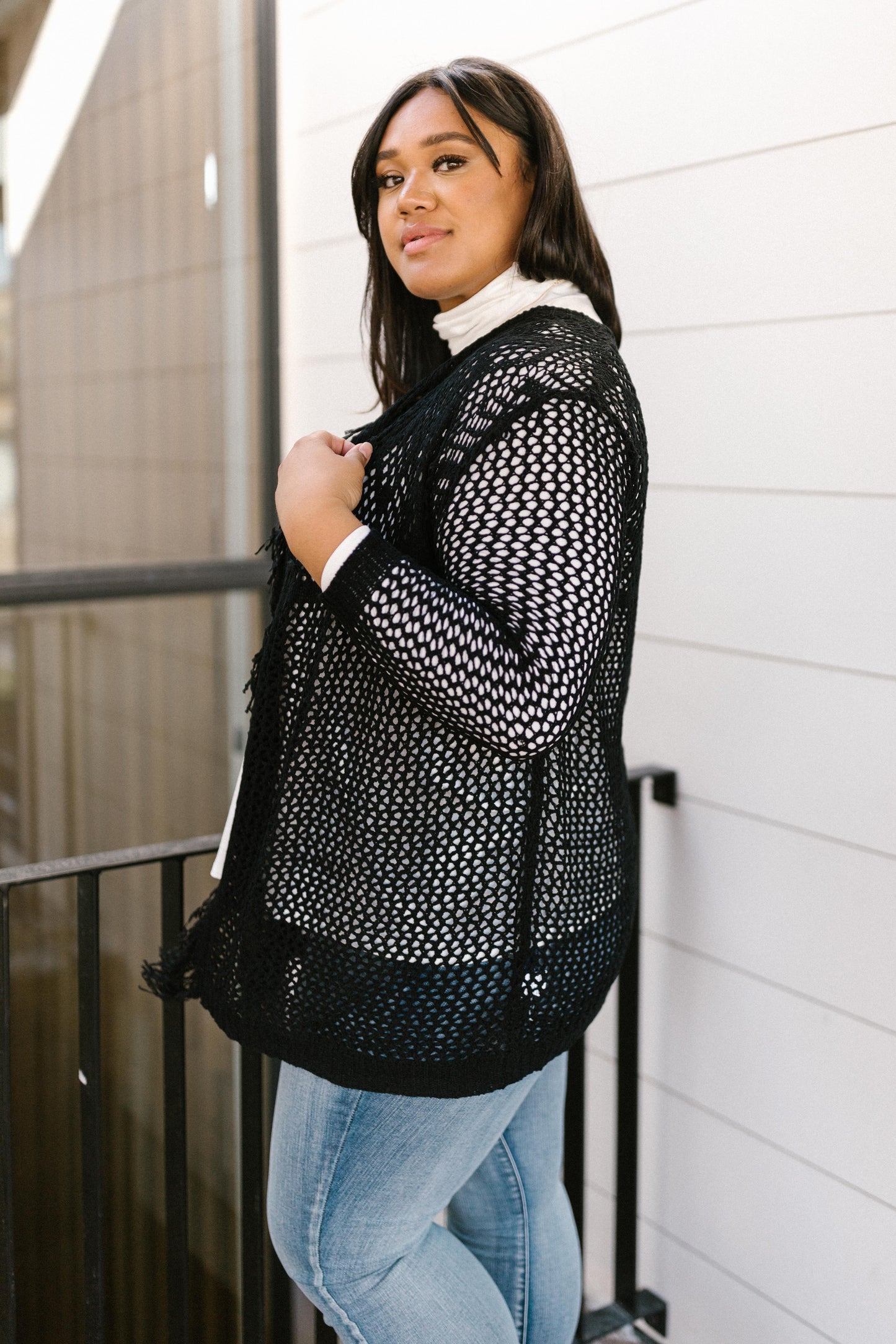 Knit And Fringe Cardigan in Black