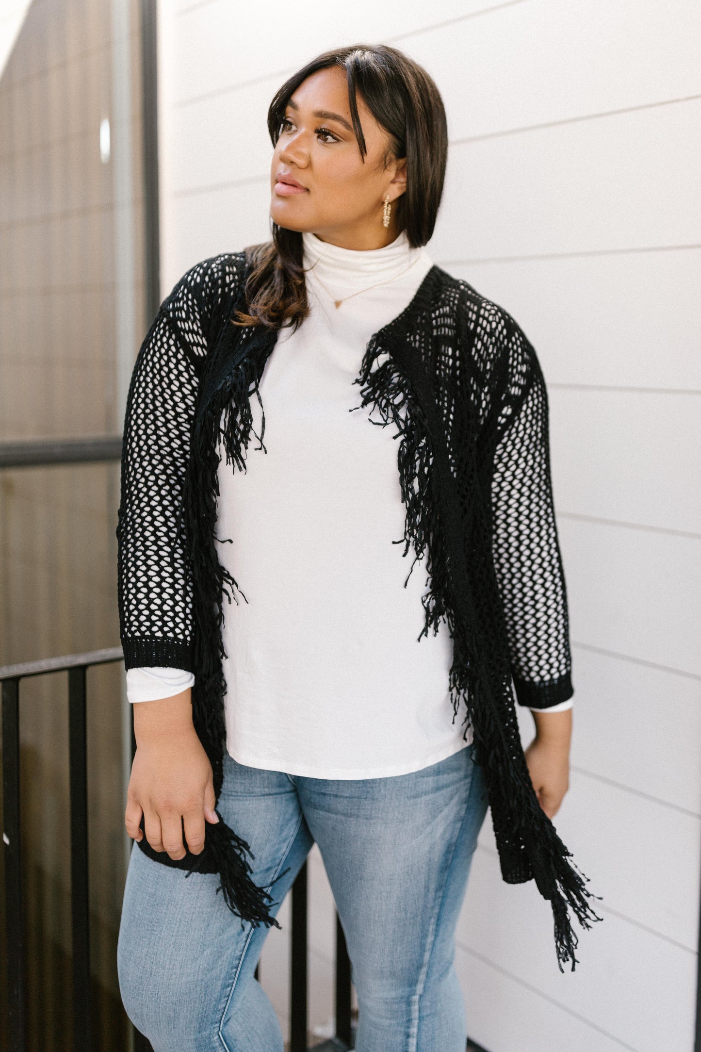 Knit And Fringe Cardigan in Black