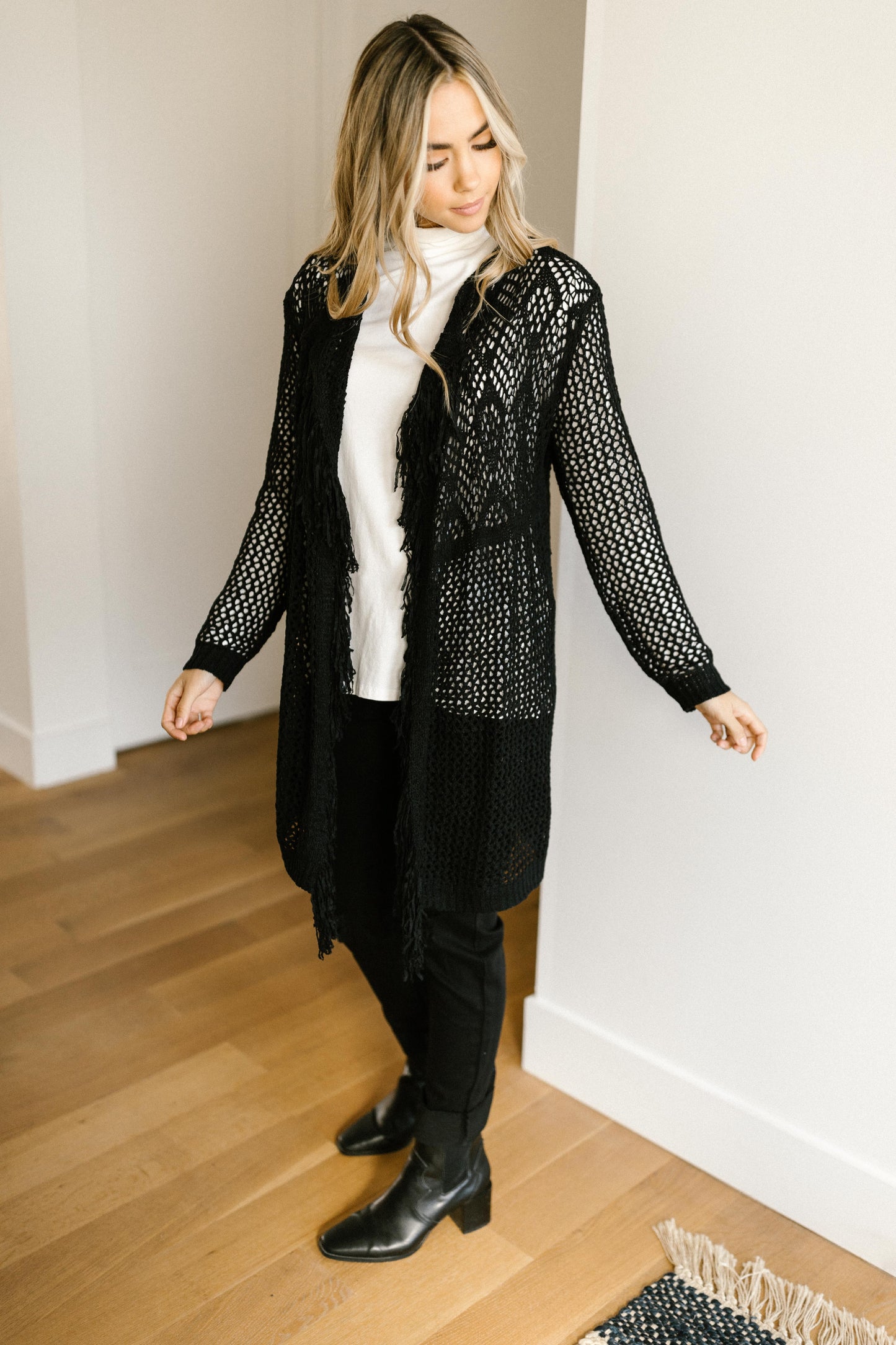 Knit And Fringe Cardigan in Black