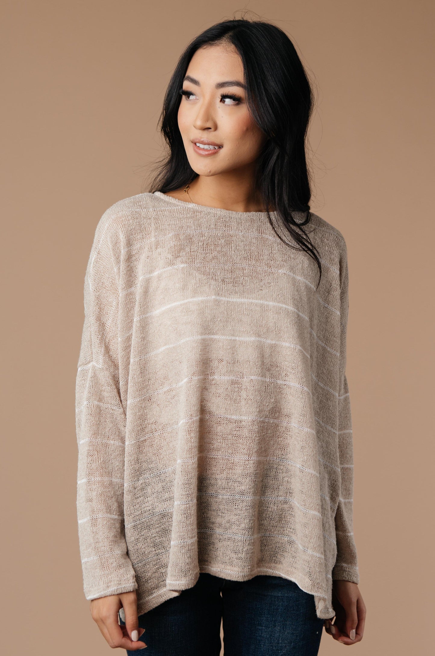 Lightweight Striped Pullover In Taupe