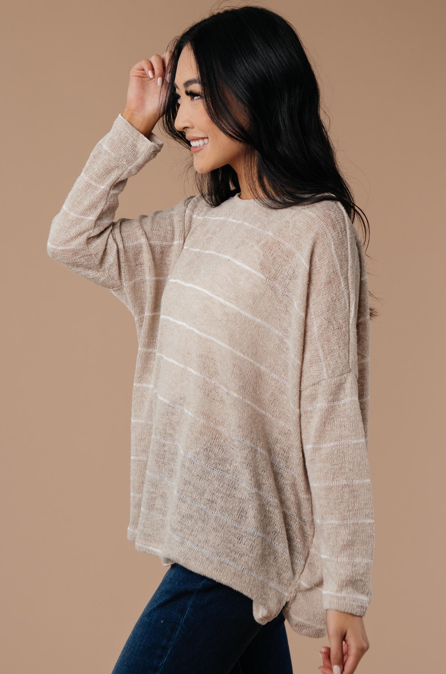 Lightweight Striped Pullover In Taupe