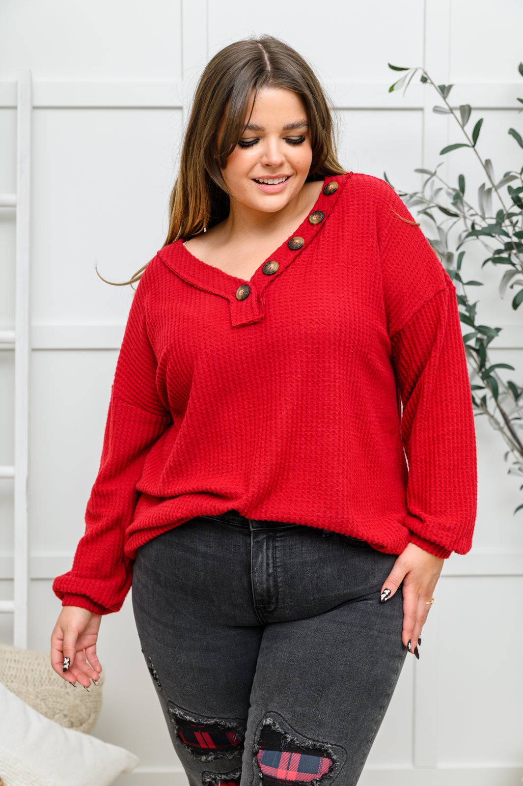 Long Sleeve Waffle Knit Top In Cranberry