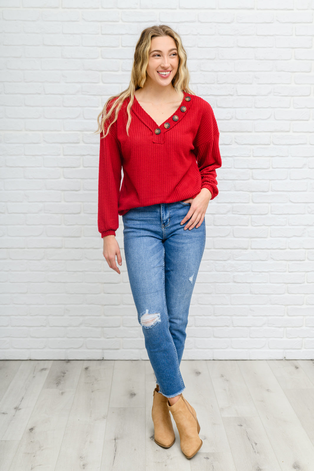 Long Sleeve Waffle Knit Top In Cranberry