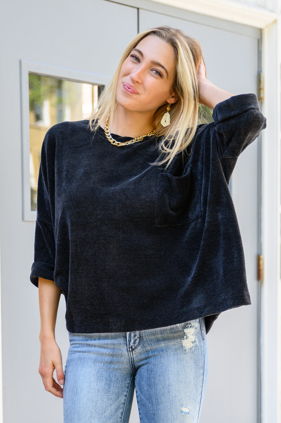 Midnight Hour Solid Chenille Knit Top In Black