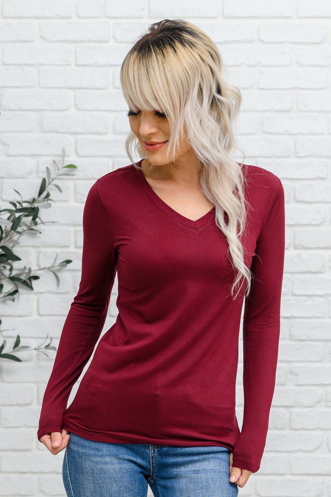 Nothing Better Long Sleeve V Neck Tee In Burgundy