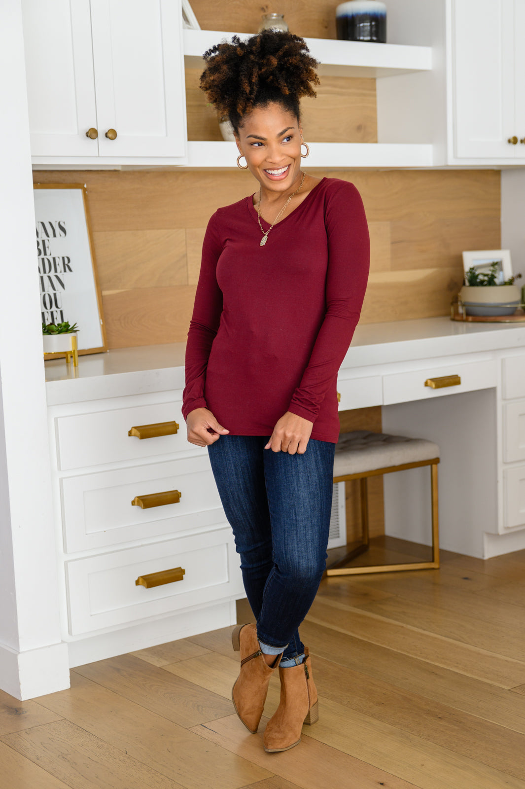 Nothing Better Long Sleeve V Neck Tee In Burgundy