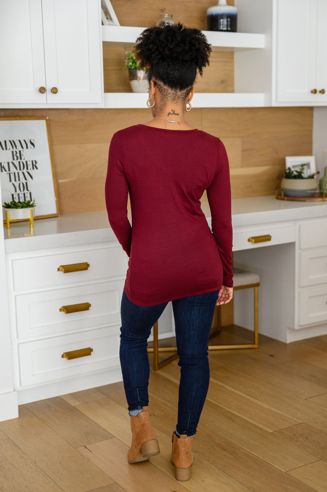 Nothing Better Long Sleeve V Neck Tee In Burgundy