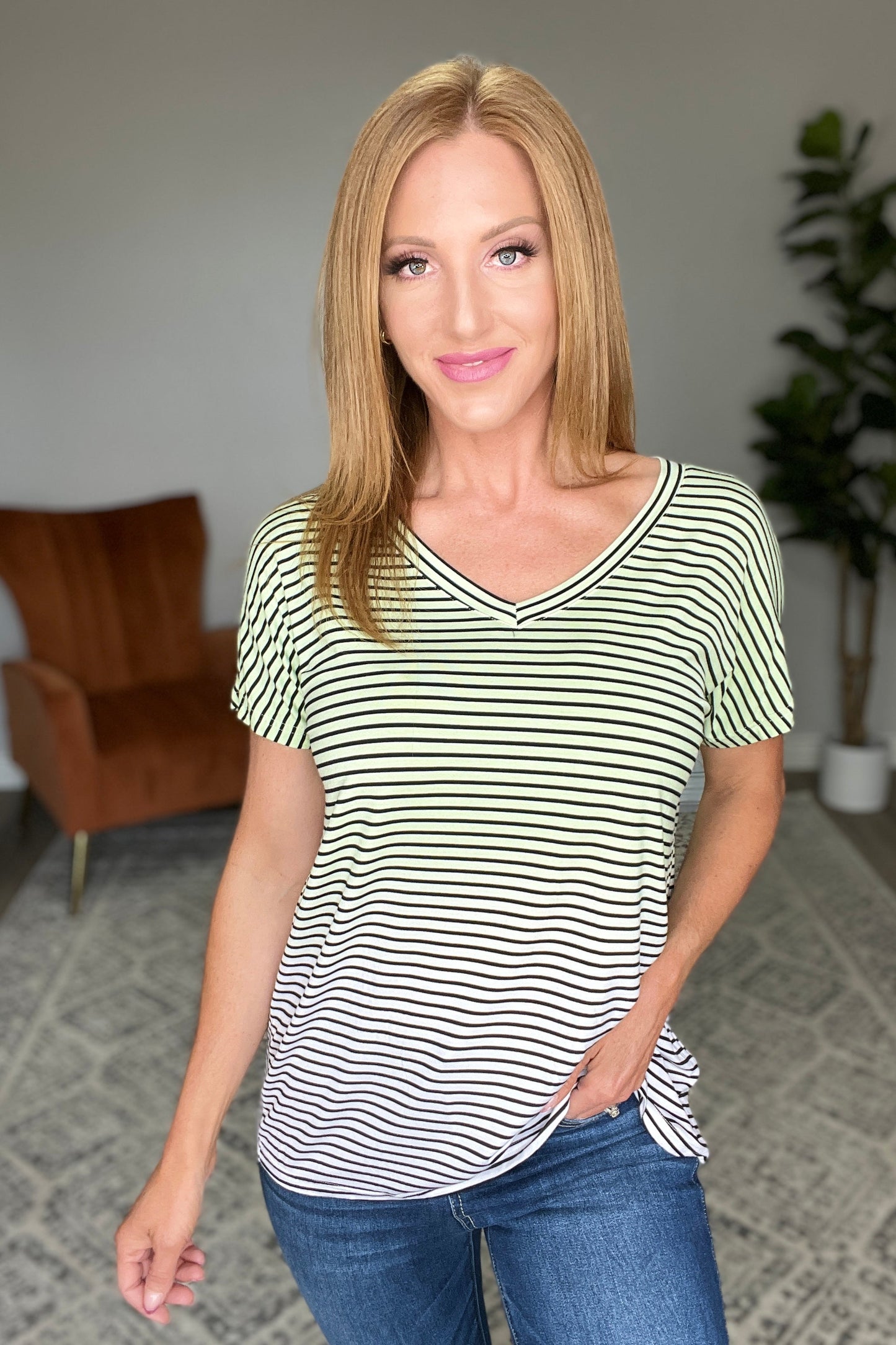 Ombre Stripe V-Neck T in Lime