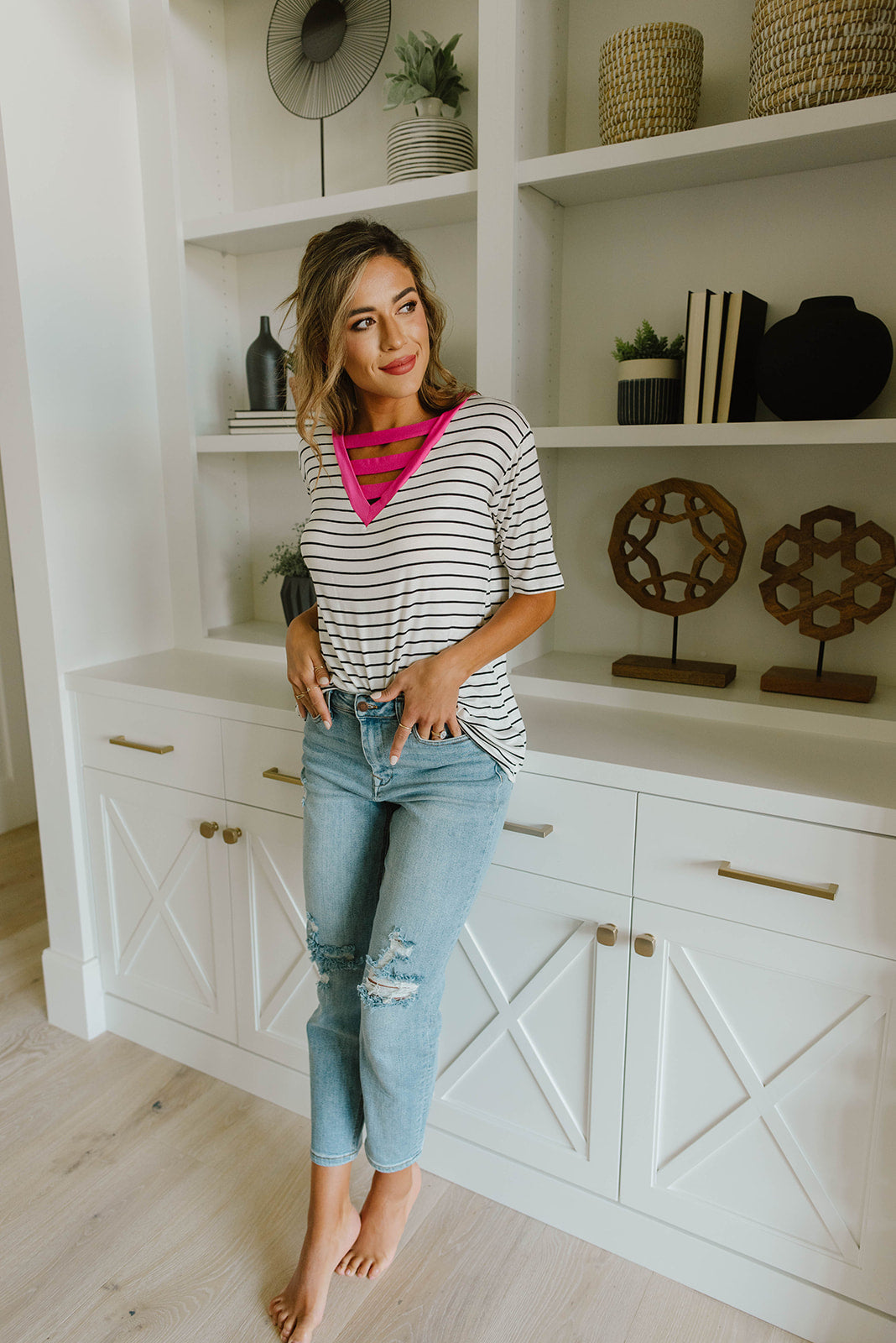 Pink Neon Striped V Top