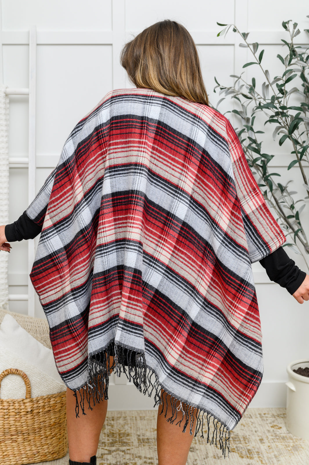 Plaid Fringe Trimmed Open Poncho In Merlot