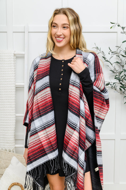 Plaid Fringe Trimmed Open Poncho In Merlot