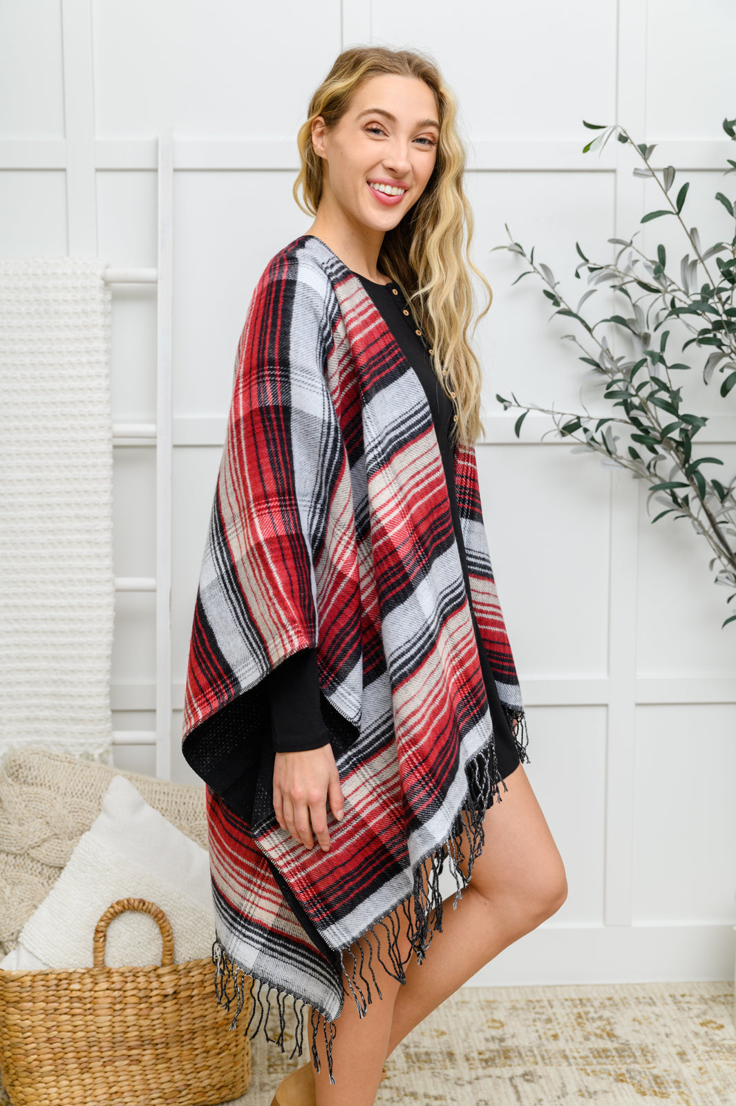 Plaid Fringe Trimmed Open Poncho In Merlot