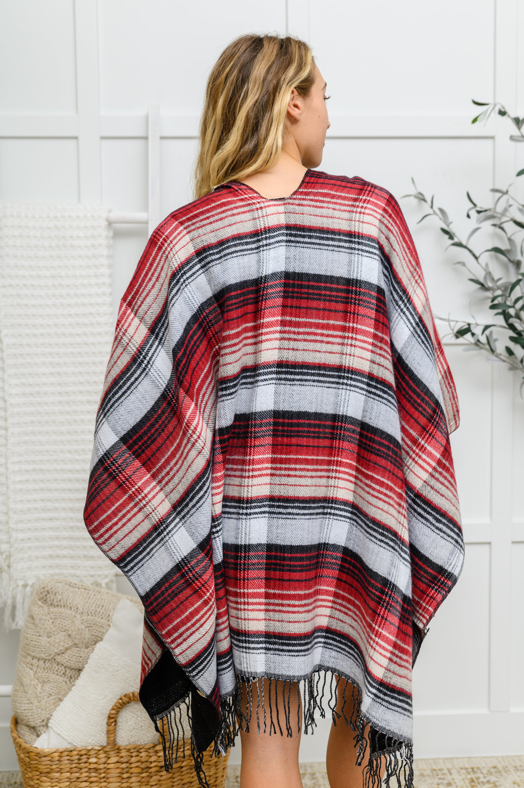 Plaid Fringe Trimmed Open Poncho In Merlot