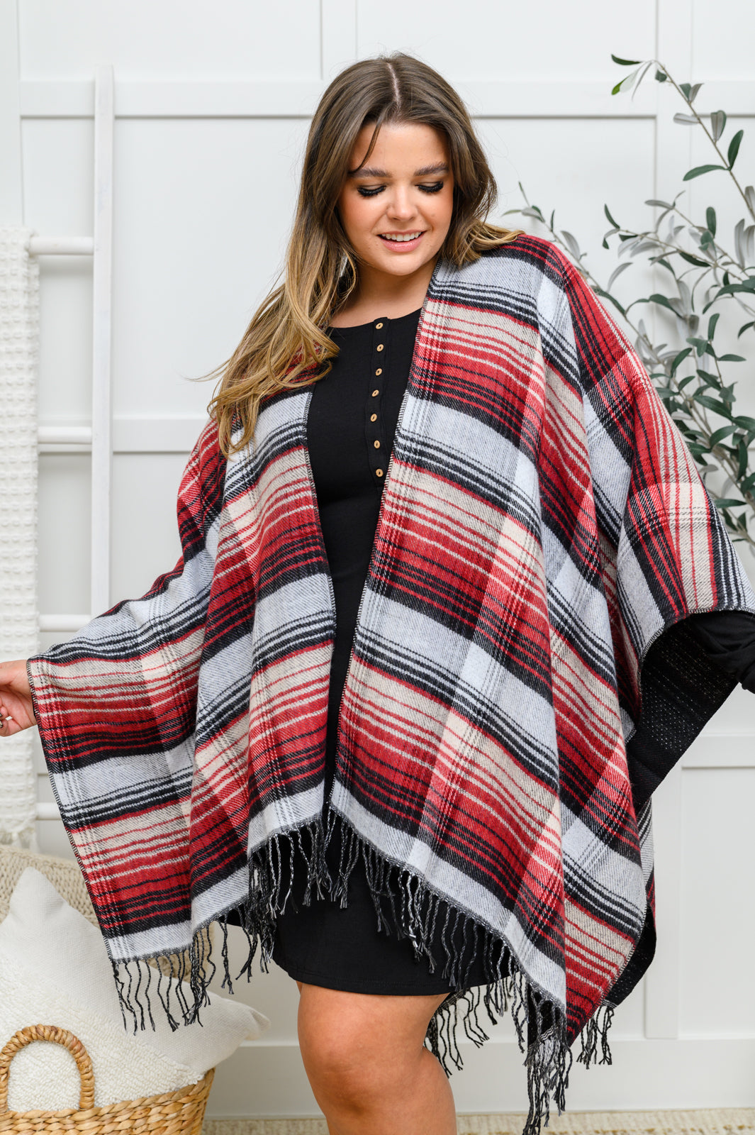 Plaid Fringe Trimmed Open Poncho In Merlot