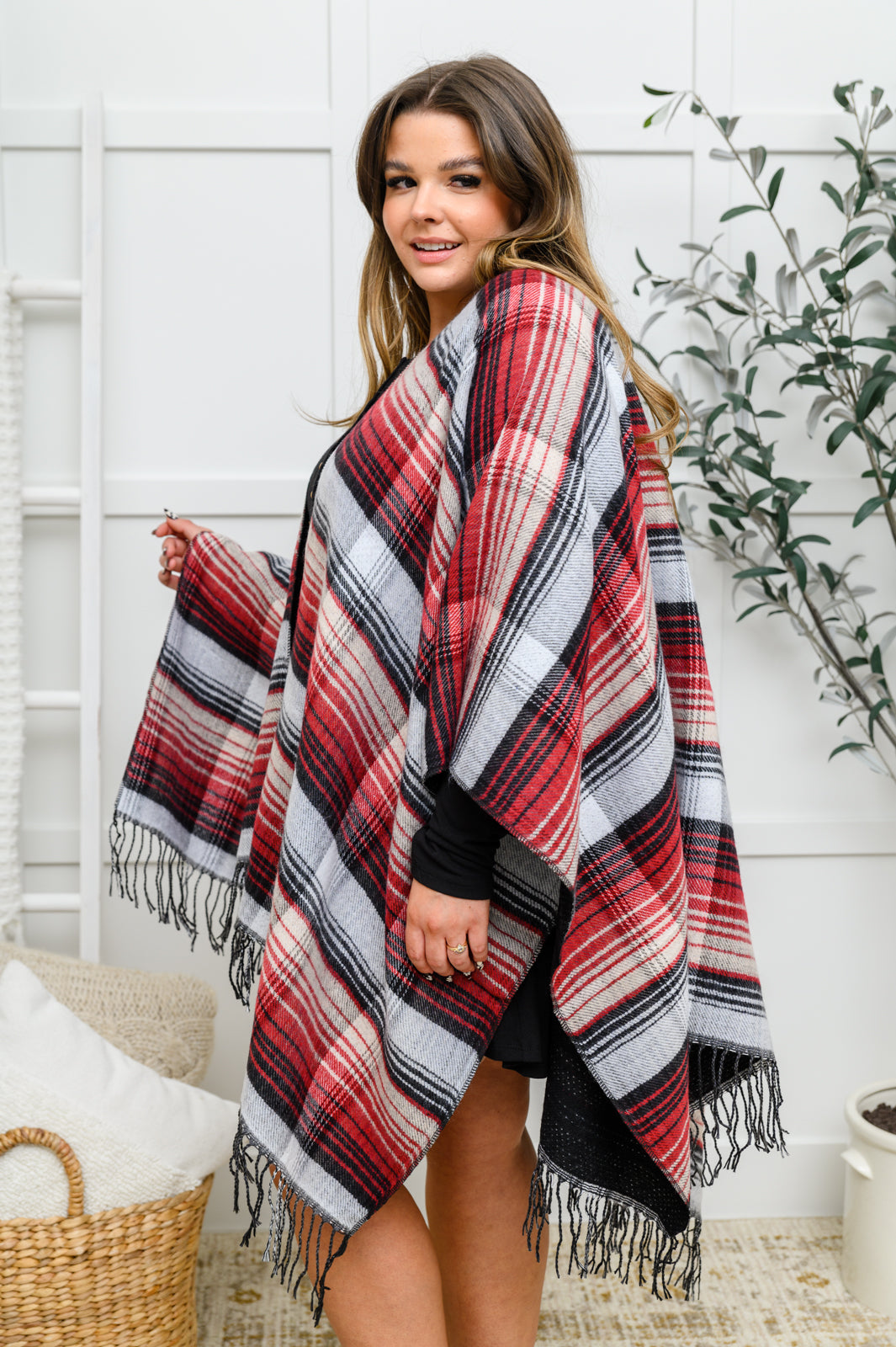 Plaid Fringe Trimmed Open Poncho In Merlot