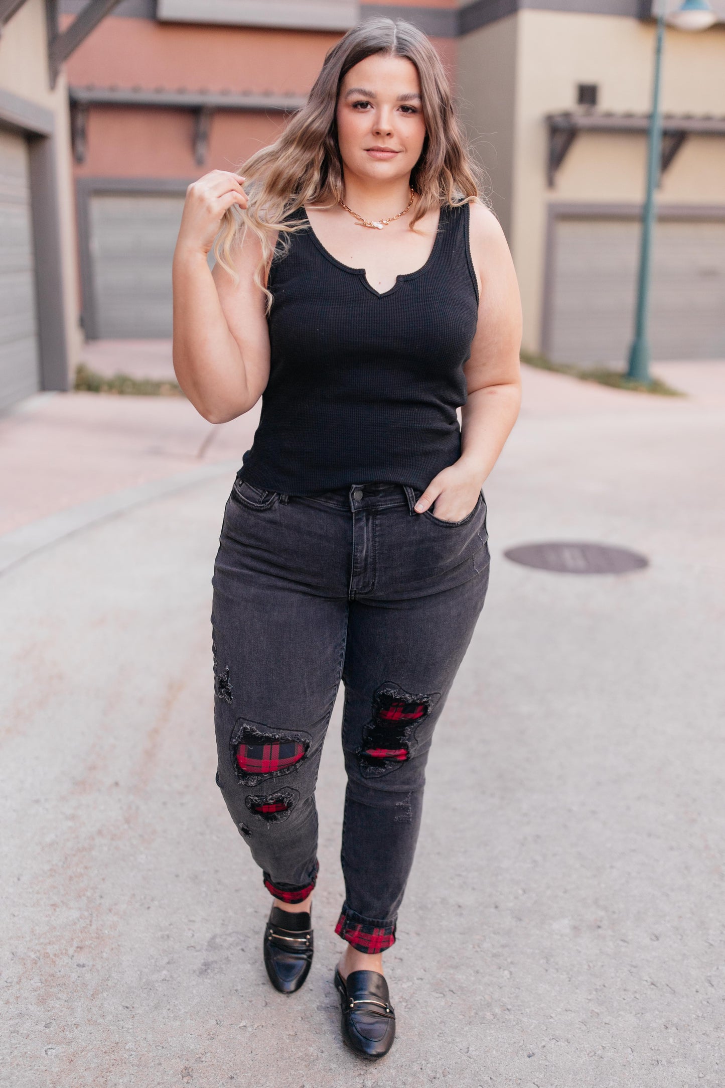 Plaid Peek-A-Boo Jeans in Charcoal