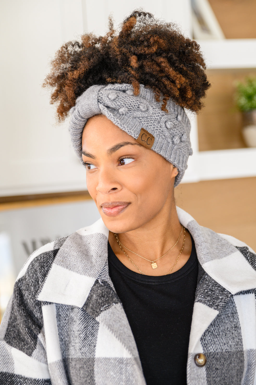 Pom Knit Headwrap In Gray