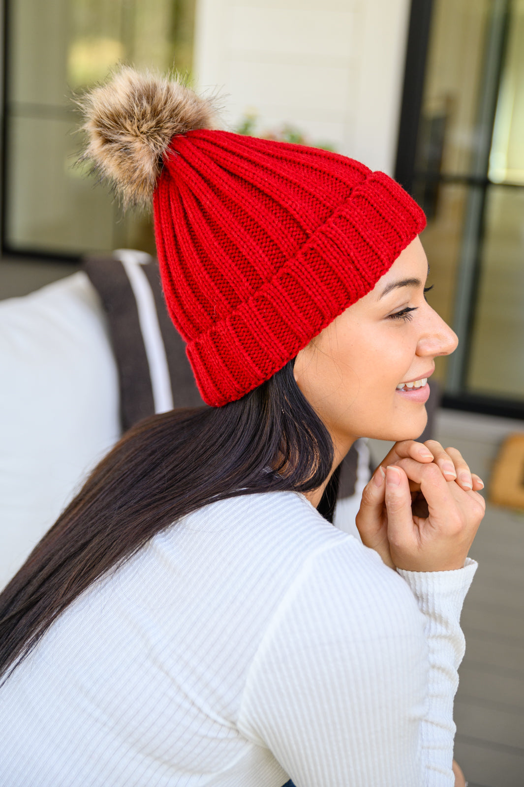 Rib Knit Beanie With Detachable Pom Pom In Wine