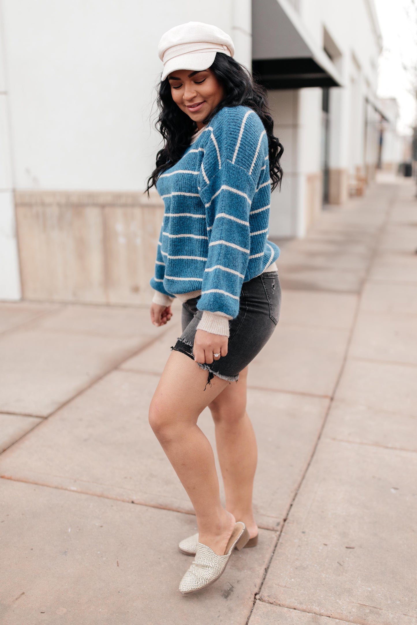 Ribbed and Striped Sweater in Teal