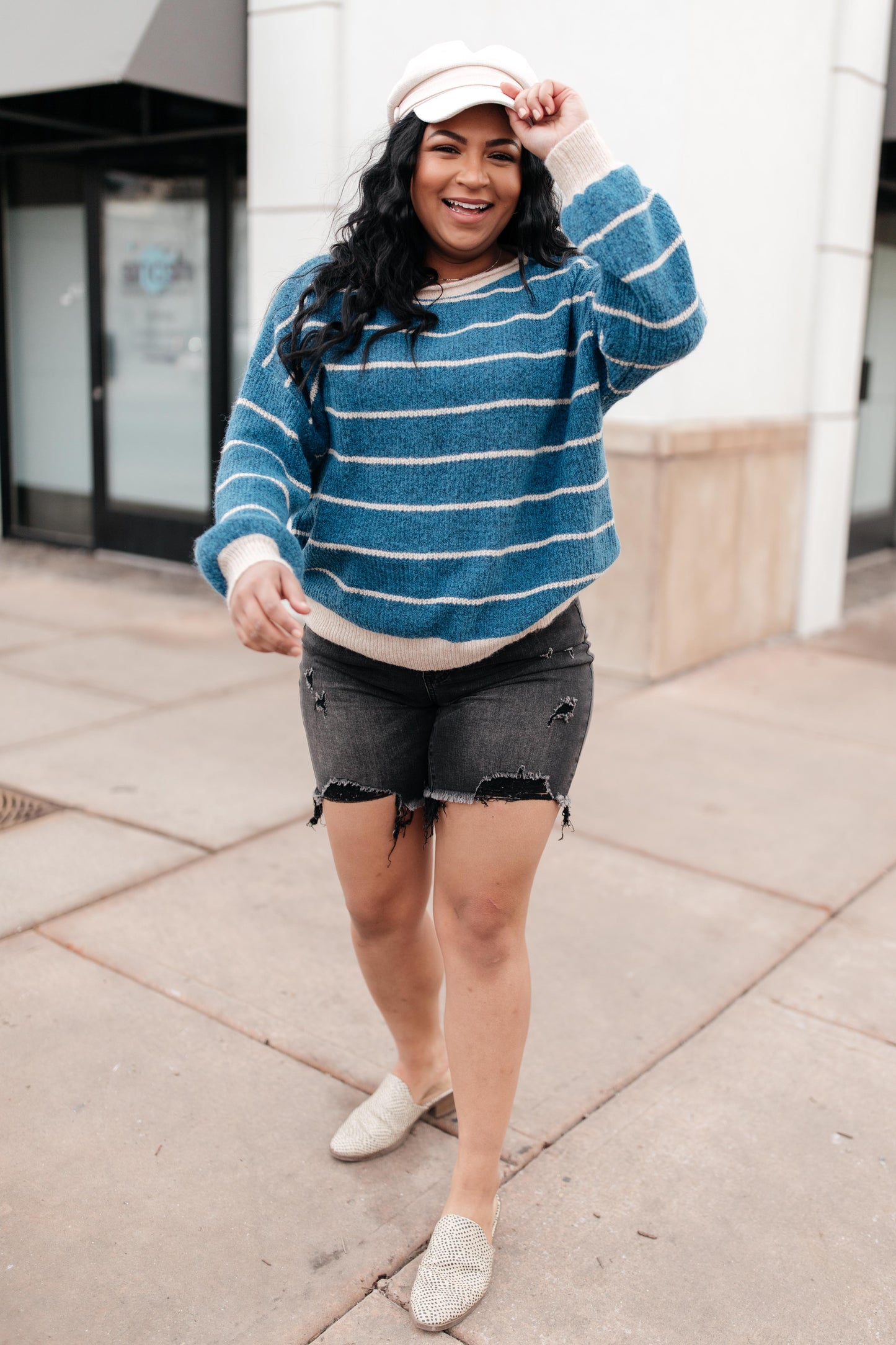 Ribbed and Striped Sweater in Teal