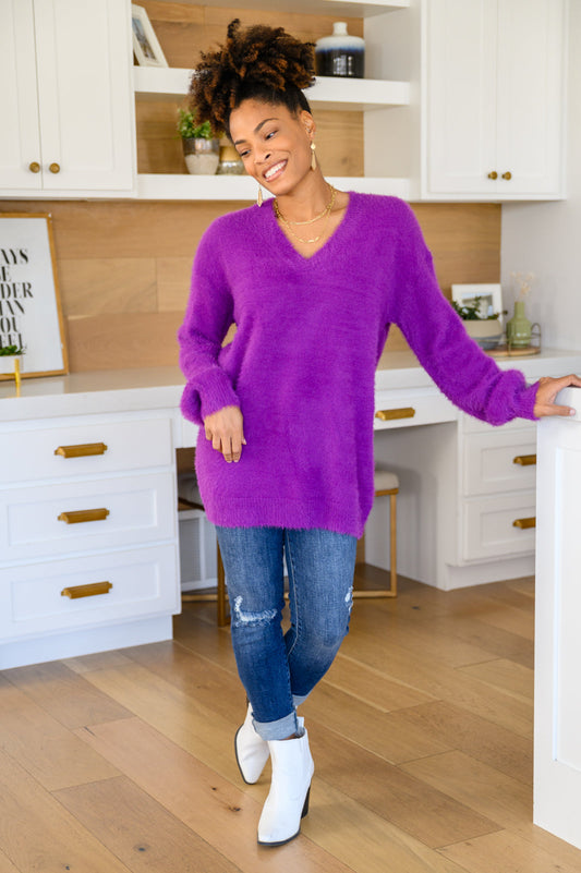 Sierra Long Sleeve Eyeleash Sweater Knit Top In Purple