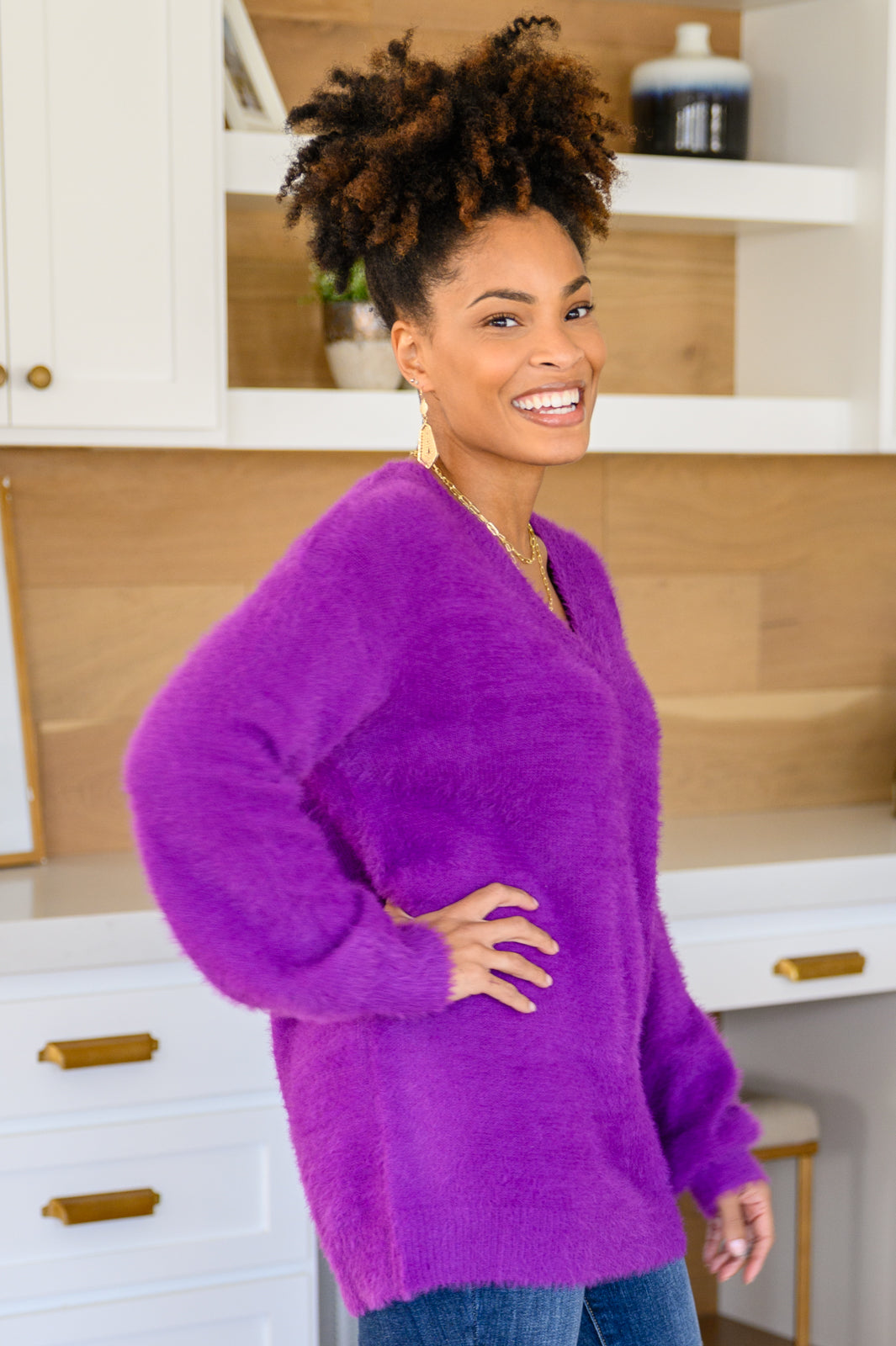 Sierra Long Sleeve Eyeleash Sweater Knit Top In Purple