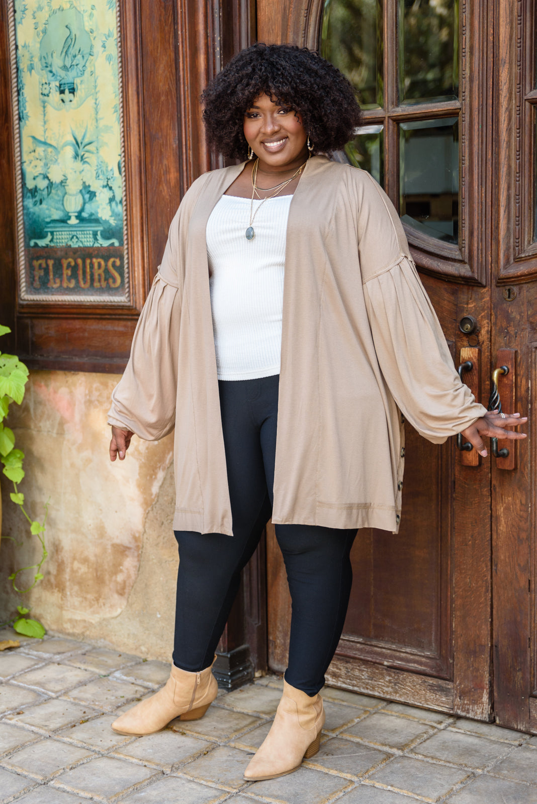 Stefanie Open Front Balloon Sleeve Cardigan In Taupe